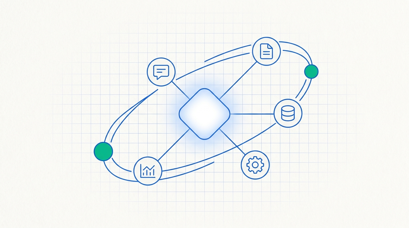Minimal illustration of a glowing AI agent core connected by blue lines to simple outlined icons representing generic business tools arranged in an orbit around it.