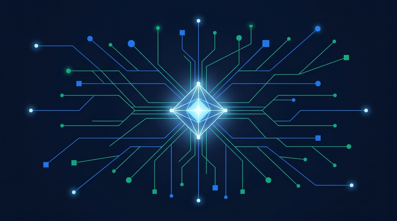 Abstract illustration of a glowing central AI hub connected by blue and emerald lines to a network of smaller nodes representing enterprise software tools.