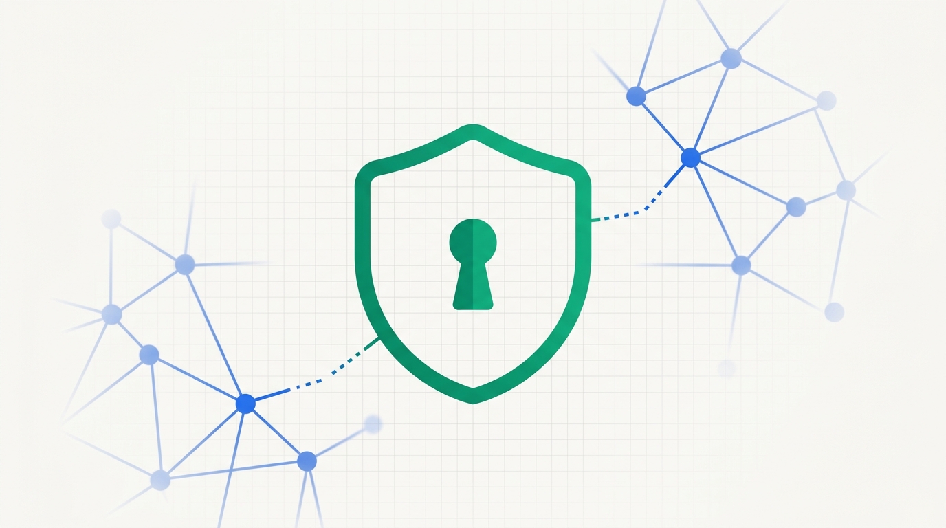 Abstract illustration of an emerald shield motif surrounded by a faded network of blue connection lines, with some lines shown broken near the shield's edge to represent filtered access.
