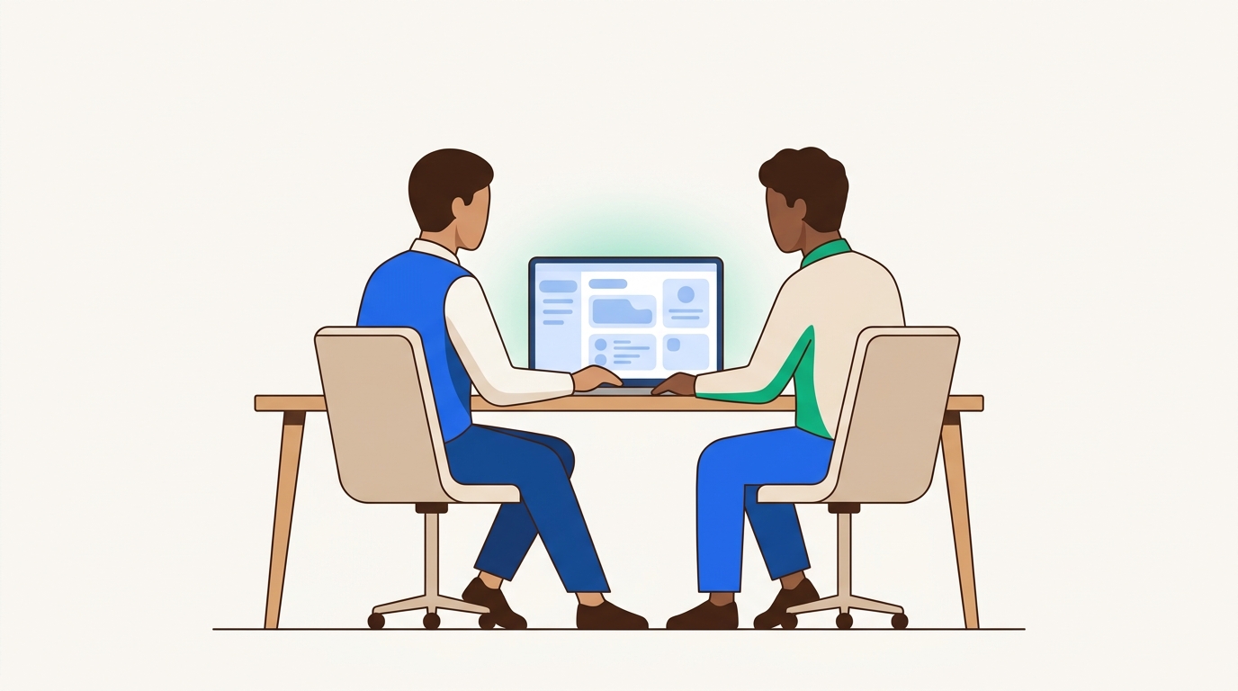 Two colleagues reviewing software options together on a laptop in a bright, modern office, with soft blue interface glow on the screen.