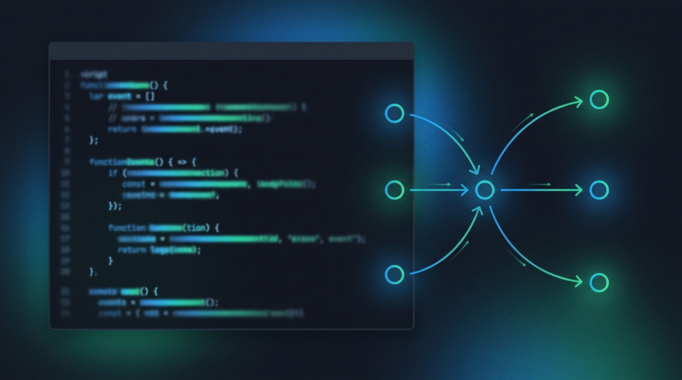 Abstract illustration of lines of code and a webhook connection diagram rendered in a dark editor theme, with a blue-to-emerald gradient glow, representing a custom developer-built API integration.