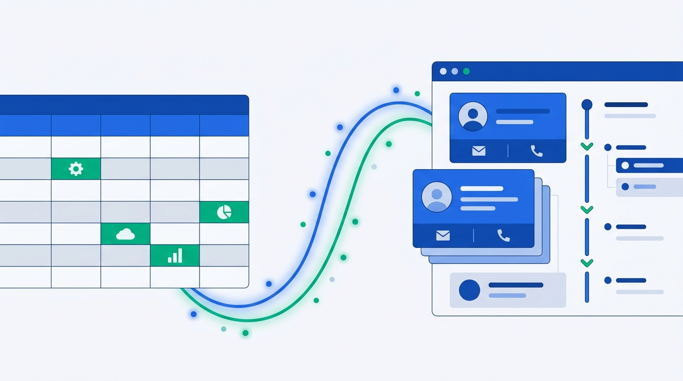 Abstract illustration of a Google Sheets spreadsheet grid connected by glowing blue and emerald data-flow lines to a CRM contact-card interface, representing two-way data synchronization.