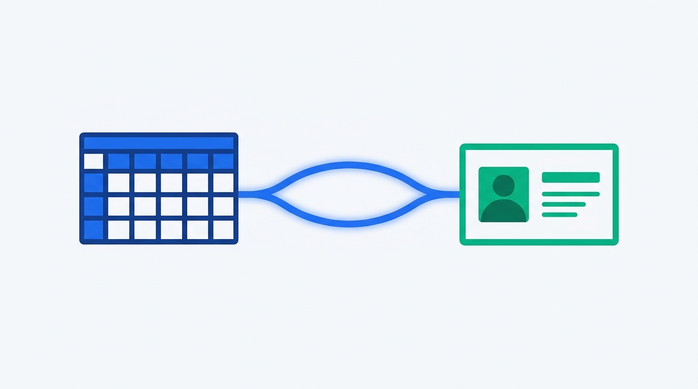 Minimal abstract illustration of a spreadsheet grid icon and a CRM contact-card icon linked by a single glowing blue line, representing a direct native integration with no intermediary tool.