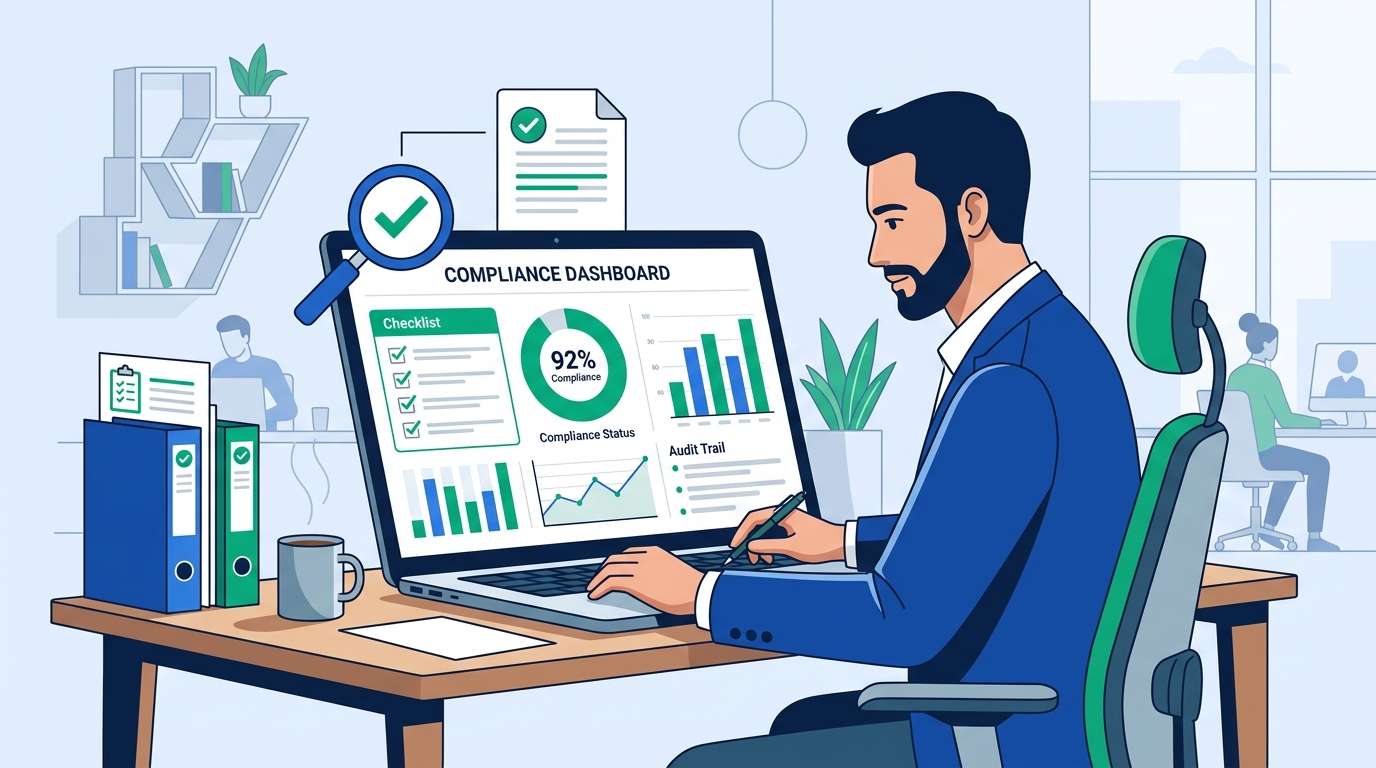 Illustration of an auditor reviewing a compliance dashboard and documentation on a laptop, representing the SOC 2 audit review process
