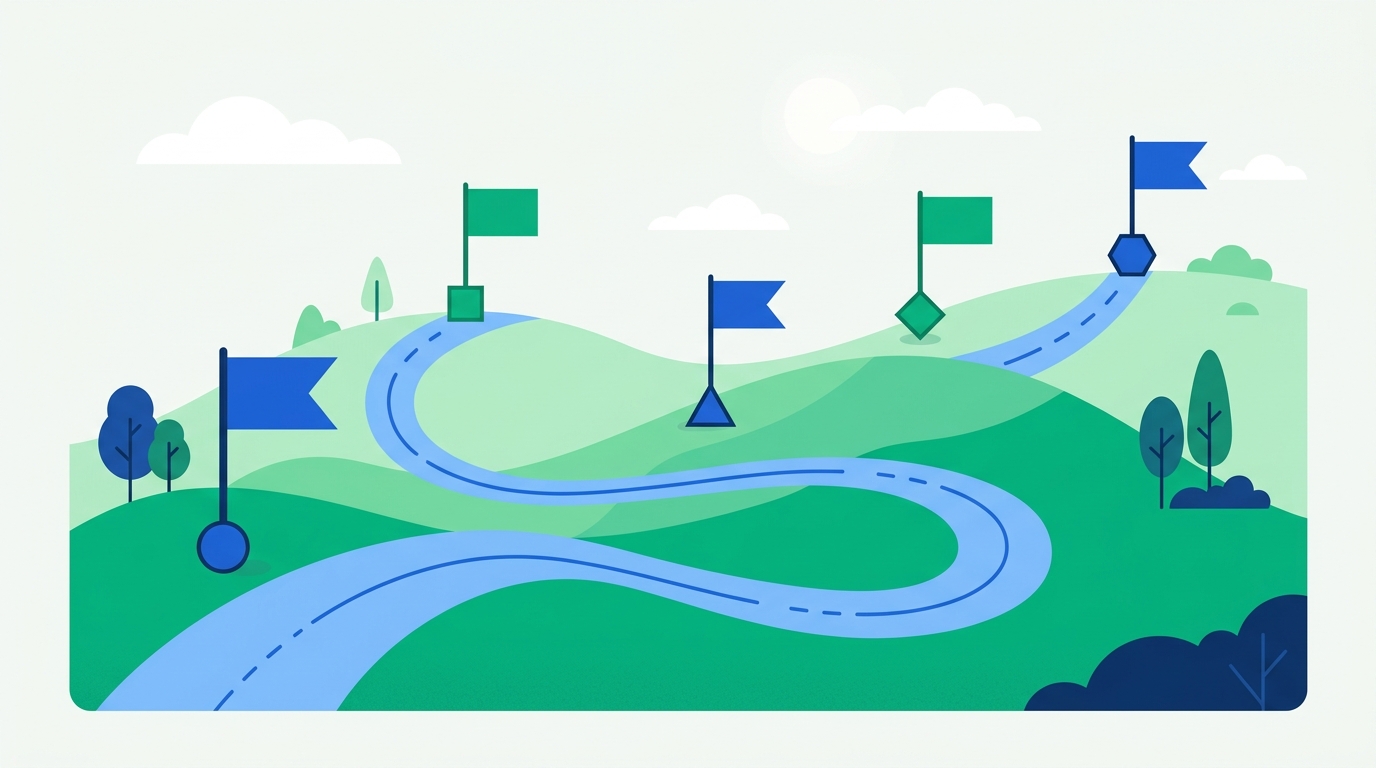 Illustration of a winding roadmap with milestone markers representing the multi-month SOC 2 compliance journey from readiness to final report