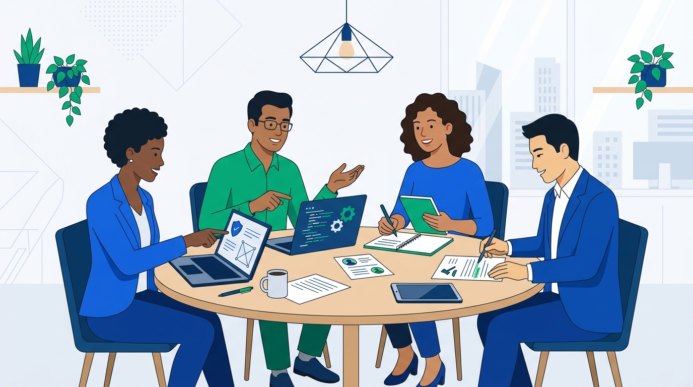 Illustration of a cross-functional team from security, engineering, HR, and legal collaborating around a table on compliance evidence