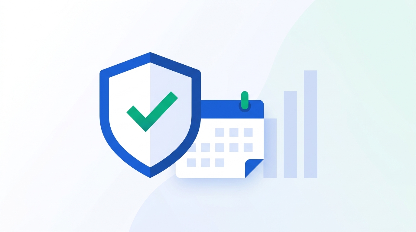 Conceptual illustration of a shield with a checkmark next to a calendar and rising cost bars, representing SOC 2 certification cost and timeline planning