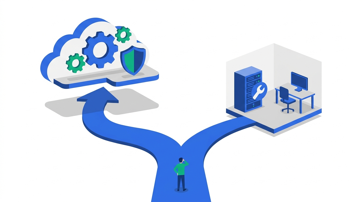 Conceptual illustration of two paths for automation tooling, one leading to managed cloud services and one to a self-hosted server