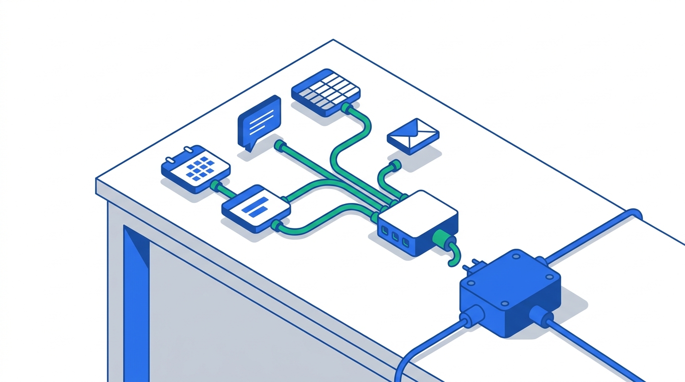 Illustration of a small business rerouting its app connections from a single central hub to a set of modular automation tools