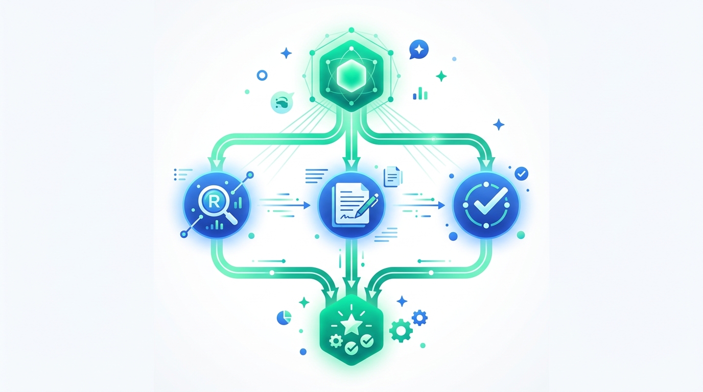 Conceptual illustration of an AI agent branching into several parallel sub-agents that each pursue a different task before converging on a result
