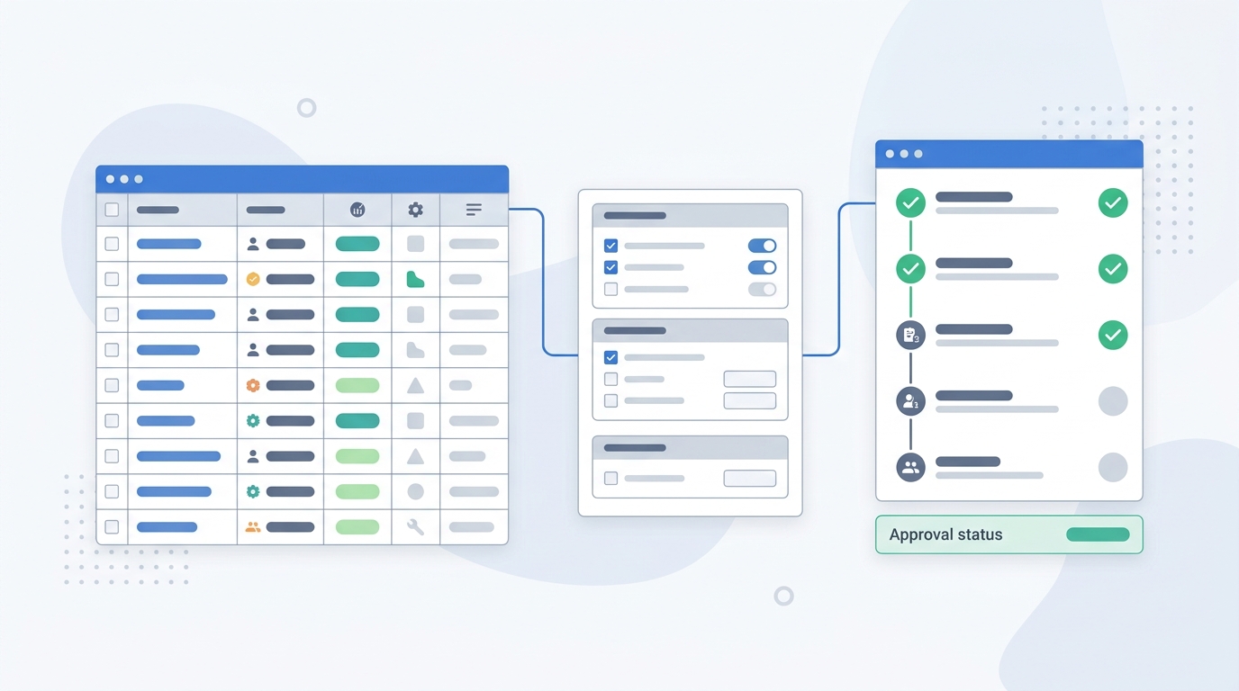 Conceptual illustration of a structured digital workspace showing linked records, forms, and an approval checklist, representing a work platform with built-in automation