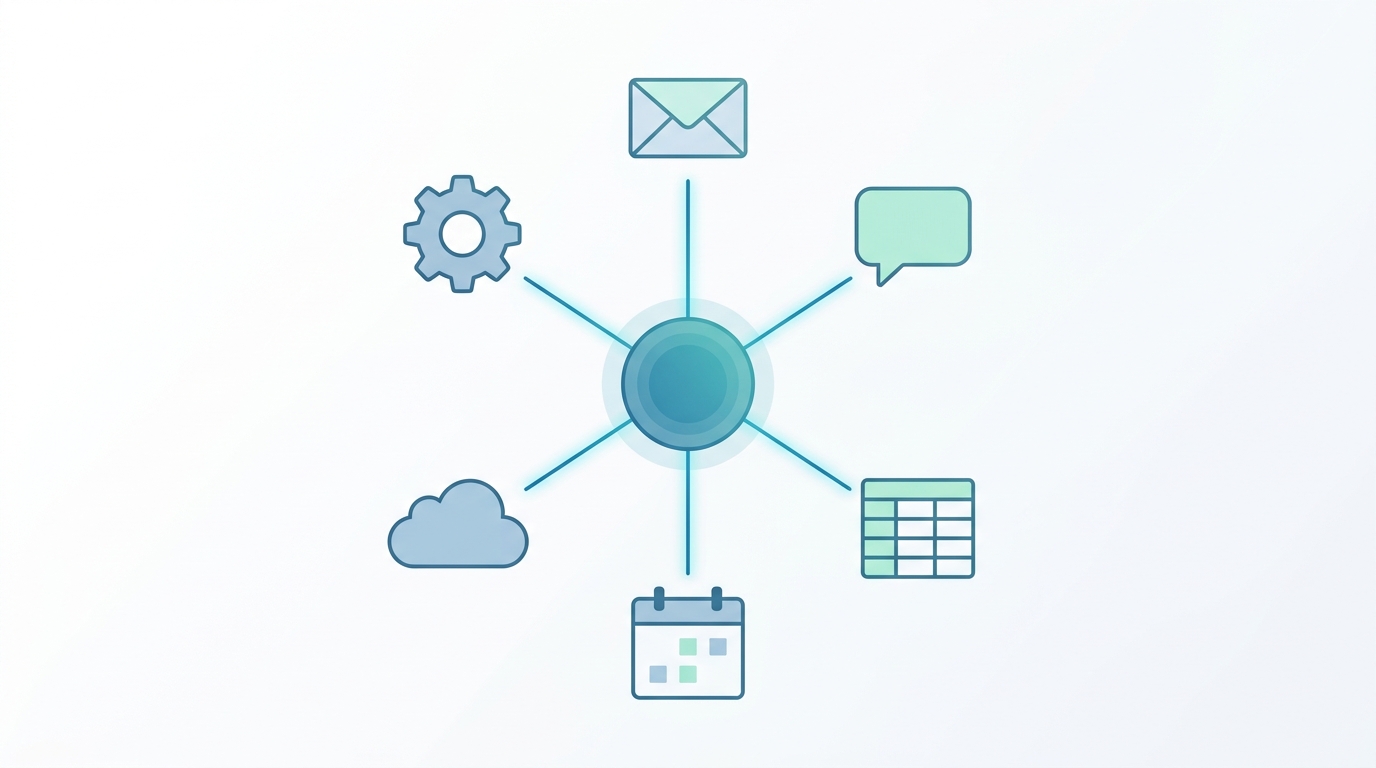 Conceptual illustration of a central automation hub with glowing lines connecting several business app icons, representing app-to-app workflow automation