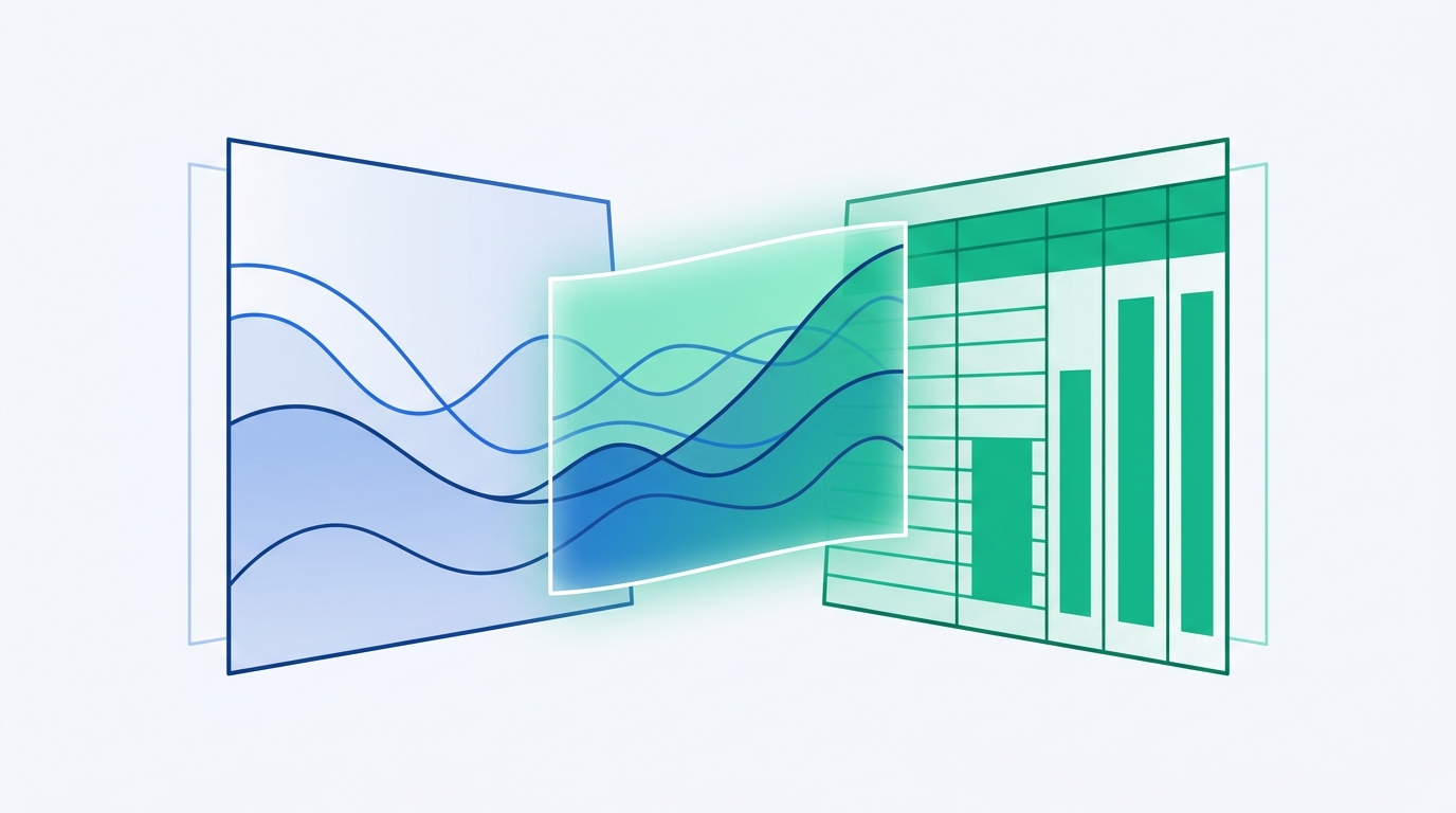 Conceptual illustration of two overlapping financial ledgers, one representing cash-basis bookkeeping and one representing accrual-basis bookkeeping, merging into a single unified view