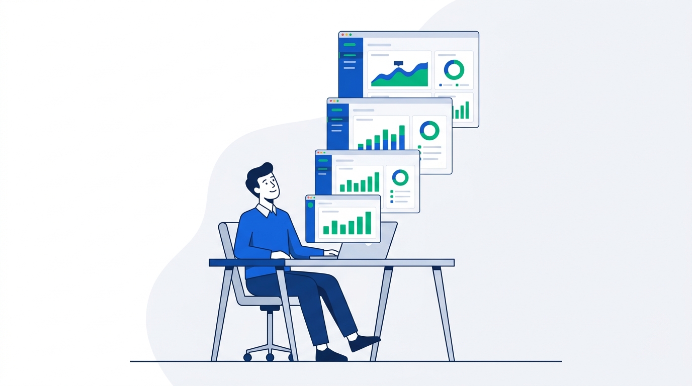 Conceptual illustration of a founder at a desk with a layered stack of financial dashboard panels representing different stages of startup accounting maturity