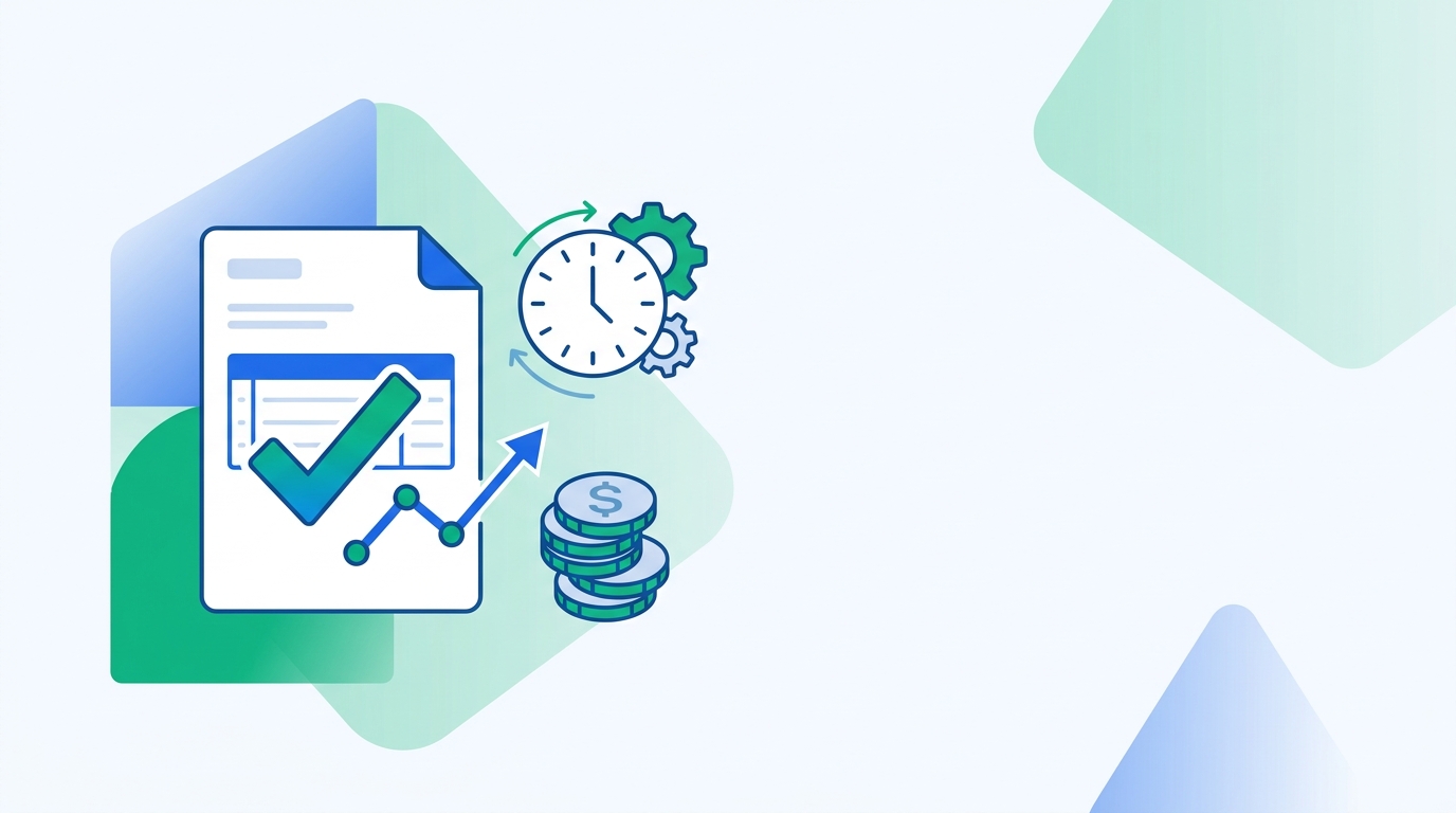 Conceptual illustration of an agency invoicing dashboard with a stack of invoices, a clock representing tracked time, and a rising payment graph in blue and emerald tones