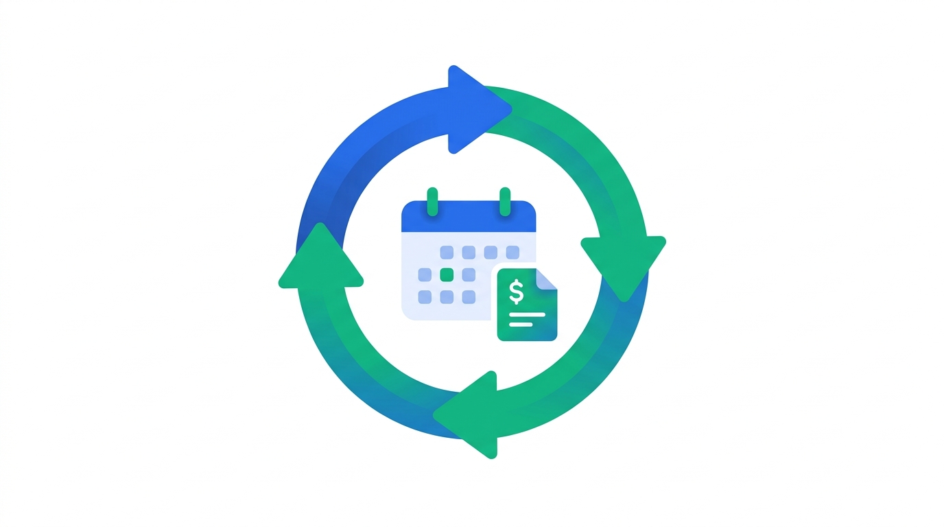 Conceptual illustration of a repeating monthly billing cycle with a calendar and invoice icon, representing automated retainer billing