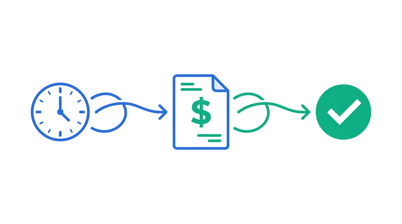 Conceptual illustration showing tracked time flowing through an invoice into a confirmed payment, representing the time-to-invoice-to-cash workflow