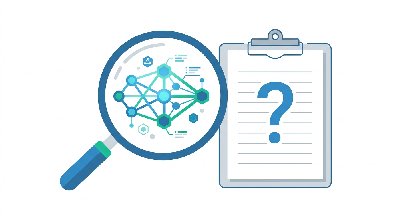 Flat illustration of a magnifying glass inspecting an AI network icon next to an empty clipboard, symbolizing a compliance evidence documentation gap