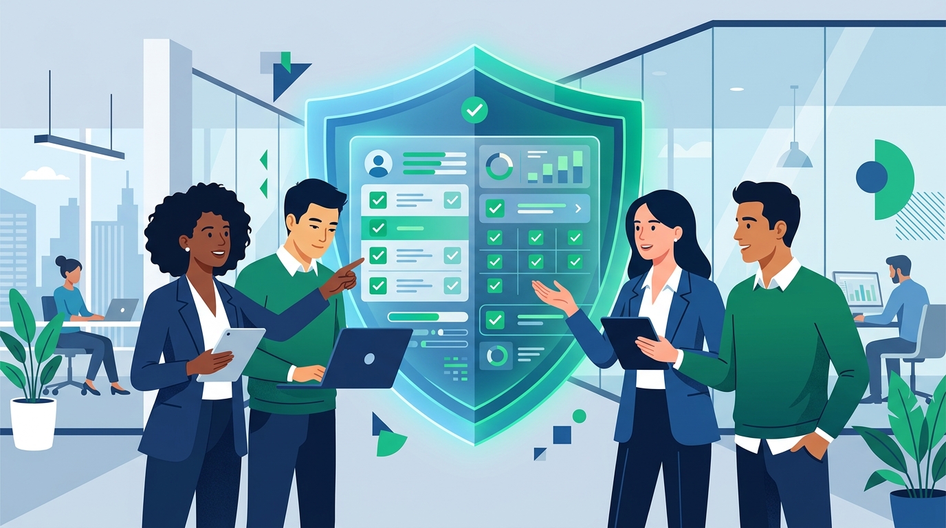Flat illustration of a small team of professionals reviewing a shield-shaped compliance dashboard together in a modern office