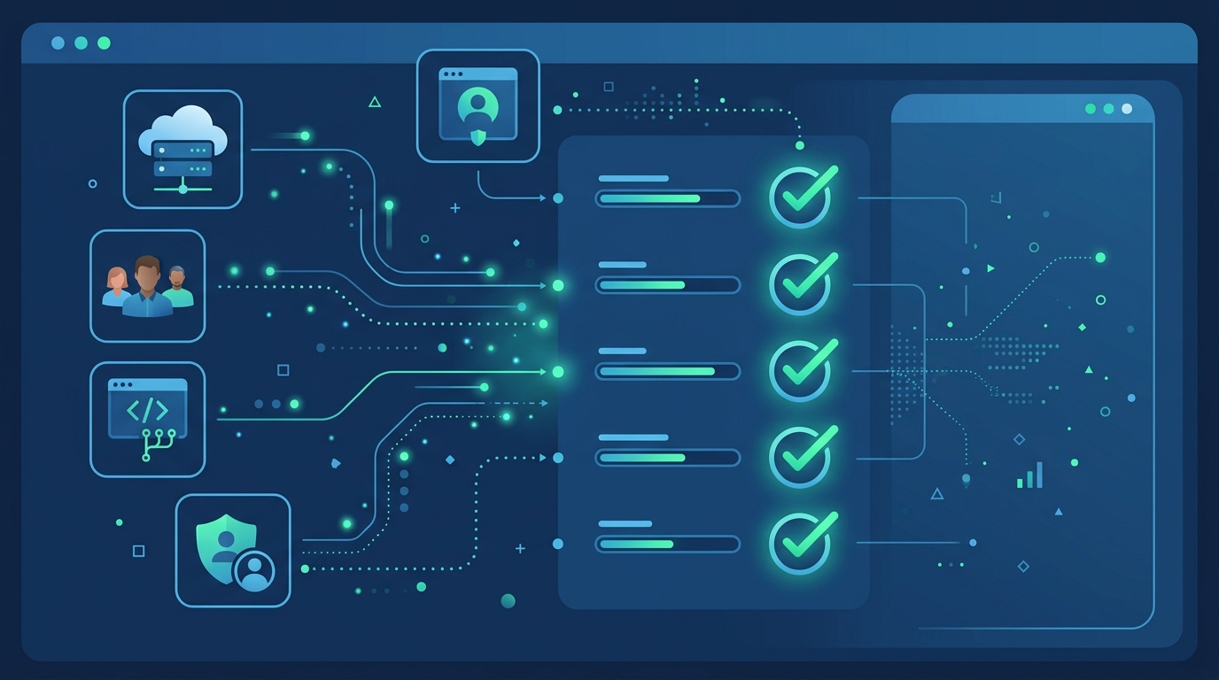 Flat illustration of a compliance automation dashboard pulling evidence from cloud, HR, and code repository icons into a central checklist with green checkmarks