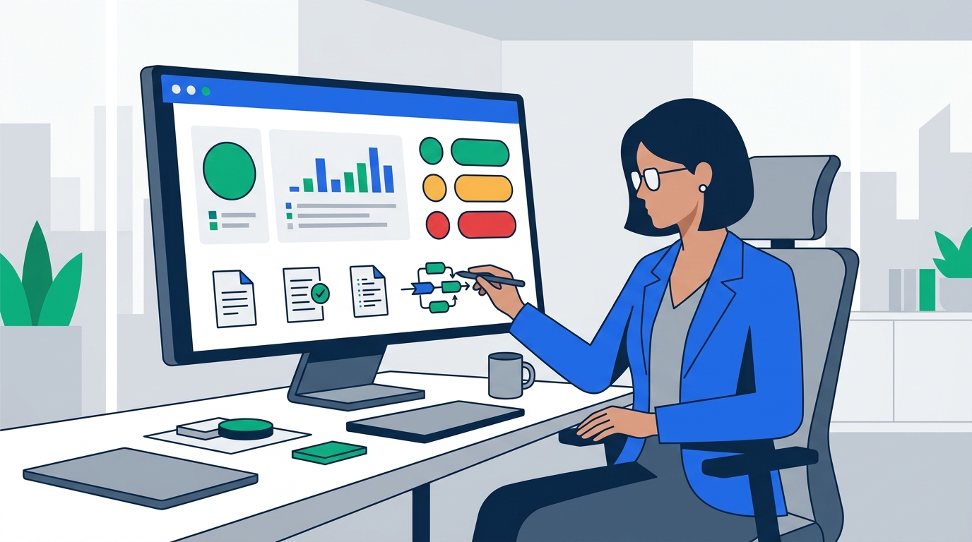 Flat illustration of a compliance officer reviewing an AI oversight dashboard with risk-tier indicators and a policy document icon