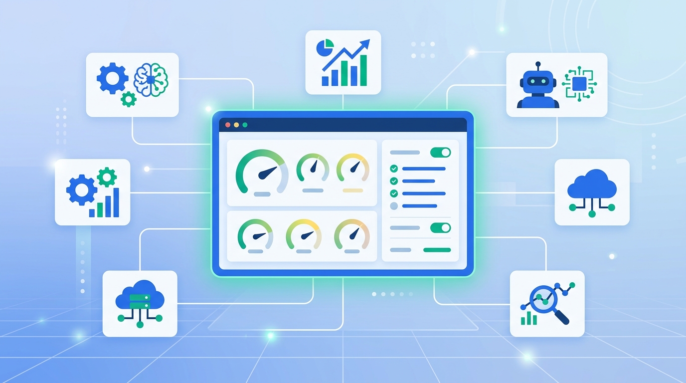 Flat illustration of an AI governance control tower dashboard monitoring multiple connected AI model and agent nodes with risk-level indicators