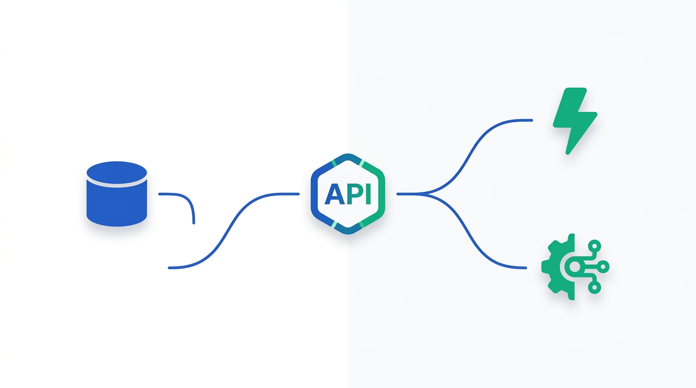 Flat vector illustration of an API integration workflow showing a database icon, an API gateway, a webhook notification bolt, and an automation gear connected by flowing lines in blue and emerald green
