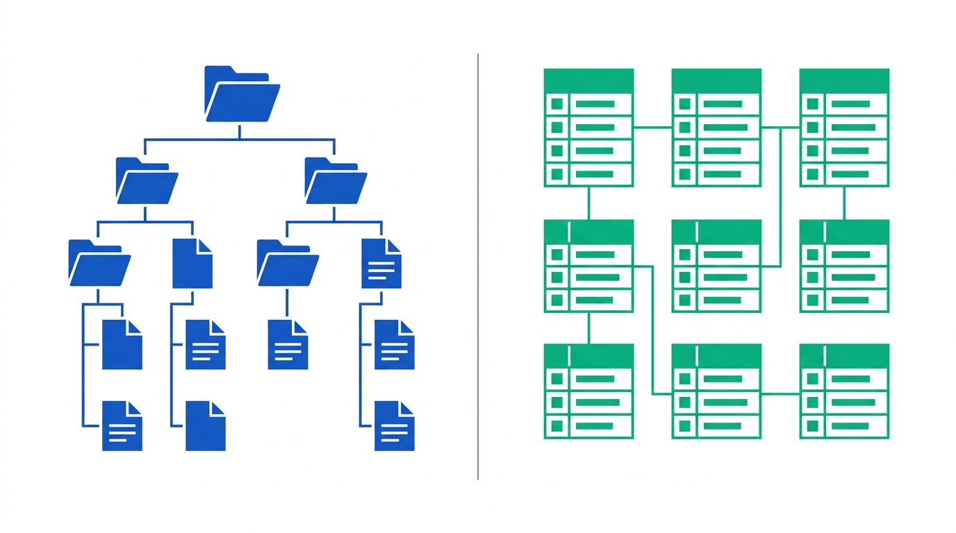 Flat vector illustration comparing Notion's branching, hierarchical block-and-page data structure in blue on the left with Airtable's linked relational table grid in emerald green on the right