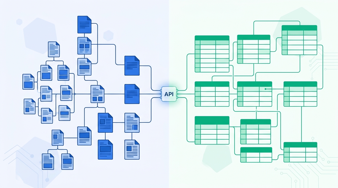 Abstract illustration contrasting Notion's hierarchical block-based data model in blue with Airtable's relational grid data model in emerald green, representing an API comparison for developers