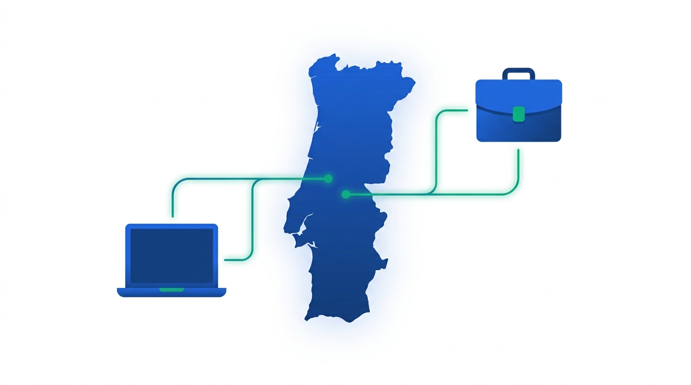 Stylized illustration of a map of Portugal connected by lines to a laptop and a briefcase, representing remote hiring through an Employer of Record.