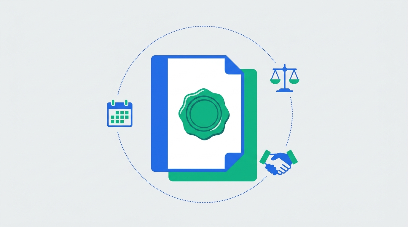 Illustration of a document with a wax seal stamp surrounded by icons for a calendar, a scale of justice, and a handshake, representing employment compliance documentation.
