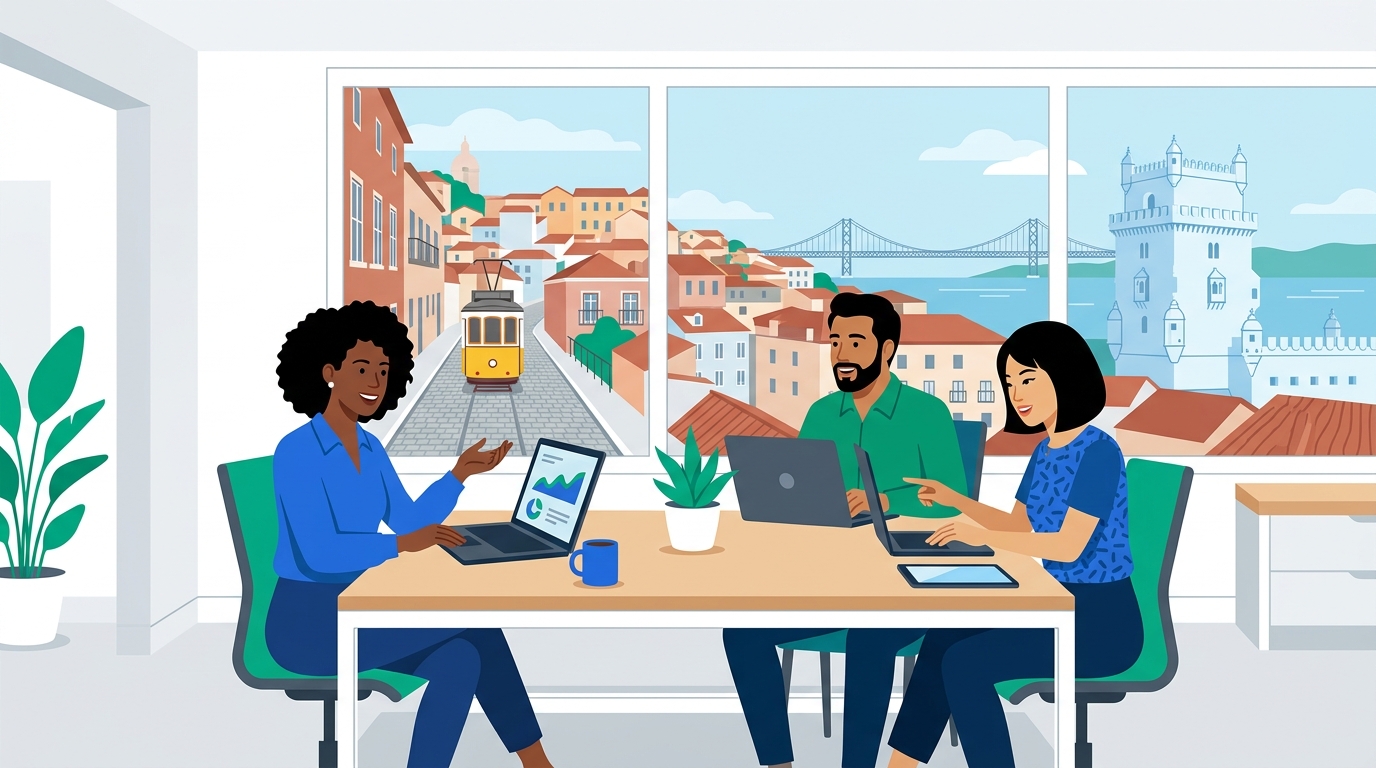 Illustration of a distributed team collaborating on laptops in an office with a Lisbon skyline, tram, and Belem Tower visible through the window.
