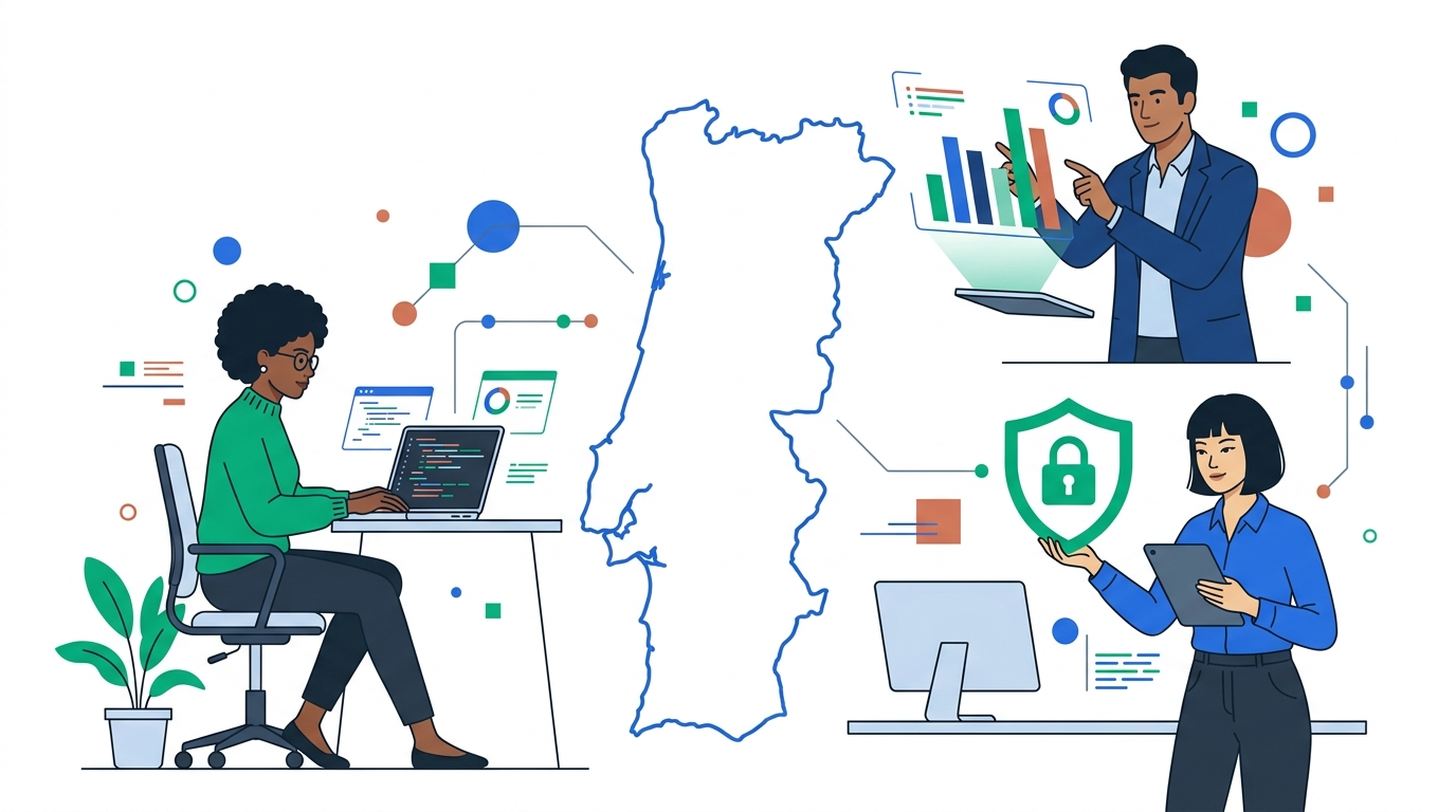 Illustration of tech professionals — a software engineer, a data analyst, and a cybersecurity specialist — arranged around an outline map of Portugal.