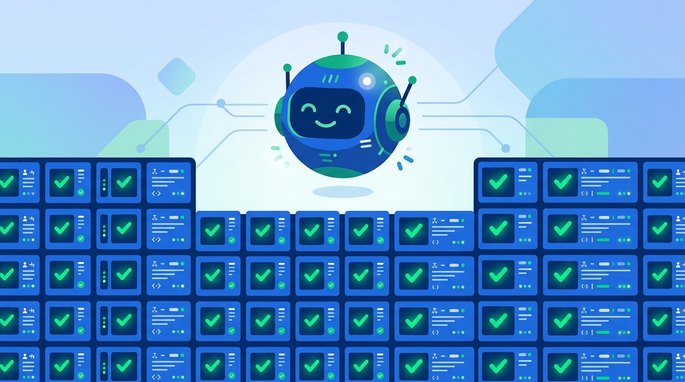 Flat illustration of a friendly AI agent icon hovering above rows of compliance control panels each showing a green checkmark status light, representing continuous automated compliance monitoring