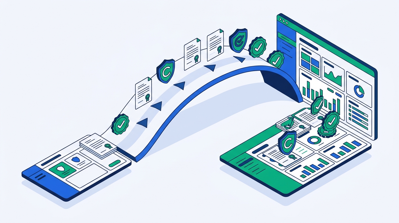 Flat illustration of compliance evidence documents, shield icons, and checkmark badges flowing across a bridge from one compliance dashboard to a larger destination dashboard, representing switching compliance automation platforms