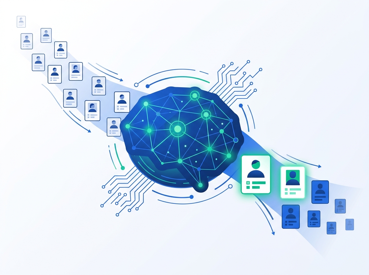 Conceptual illustration of an abstract AI network node evaluating a stream of profile-card icons and surfacing two highlighted high-priority leads, representing automated lead scoring