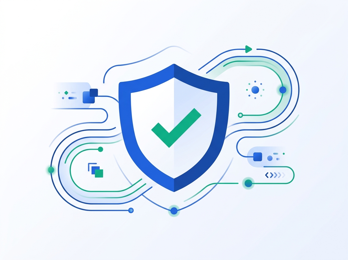 Conceptual illustration of an abstract shield with a checkmark surrounded by flowing data lines, representing compliance guardrails built into an automated outreach pipeline