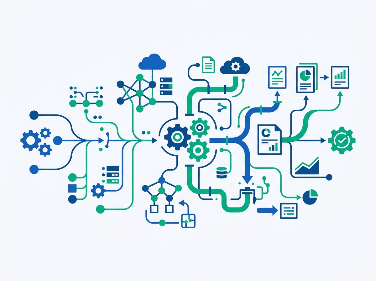Conceptual illustration of interconnected workflow automation icons and gears linked by flowing lines, representing multiple software tools wired into one lead generation pipeline