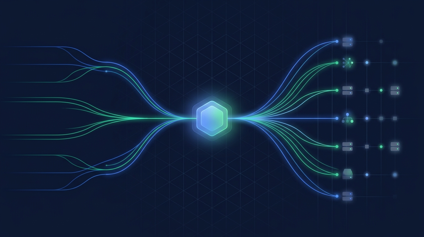 Abstract illustration of three glowing blue and emerald light paths converging into a single hexagonal gateway node and fanning back out to a grid of server and model icons, representing a unified AI model gateway routing requests across multiple providers