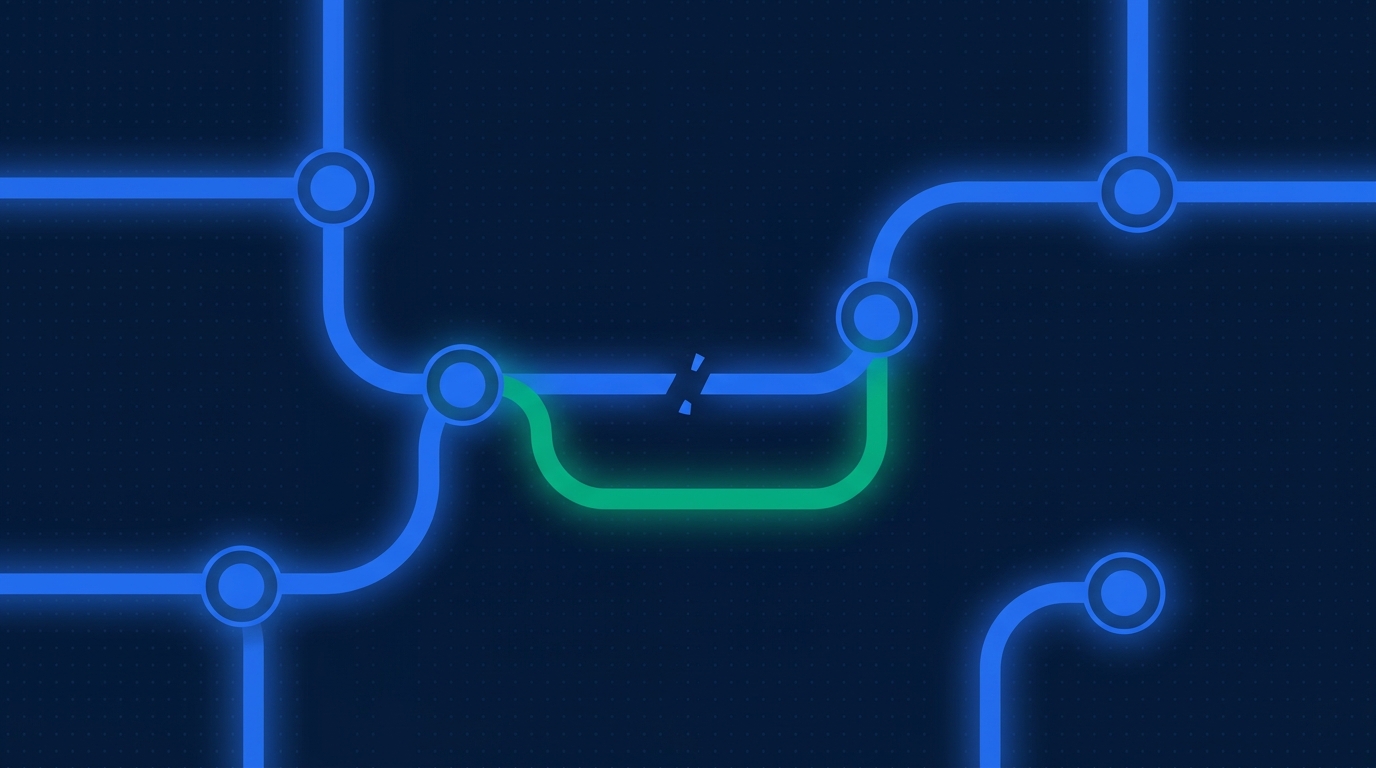 Illustration of a blue network path with a broken connection automatically rerouted through a curved green backup path, representing automatic failover between AI model providers