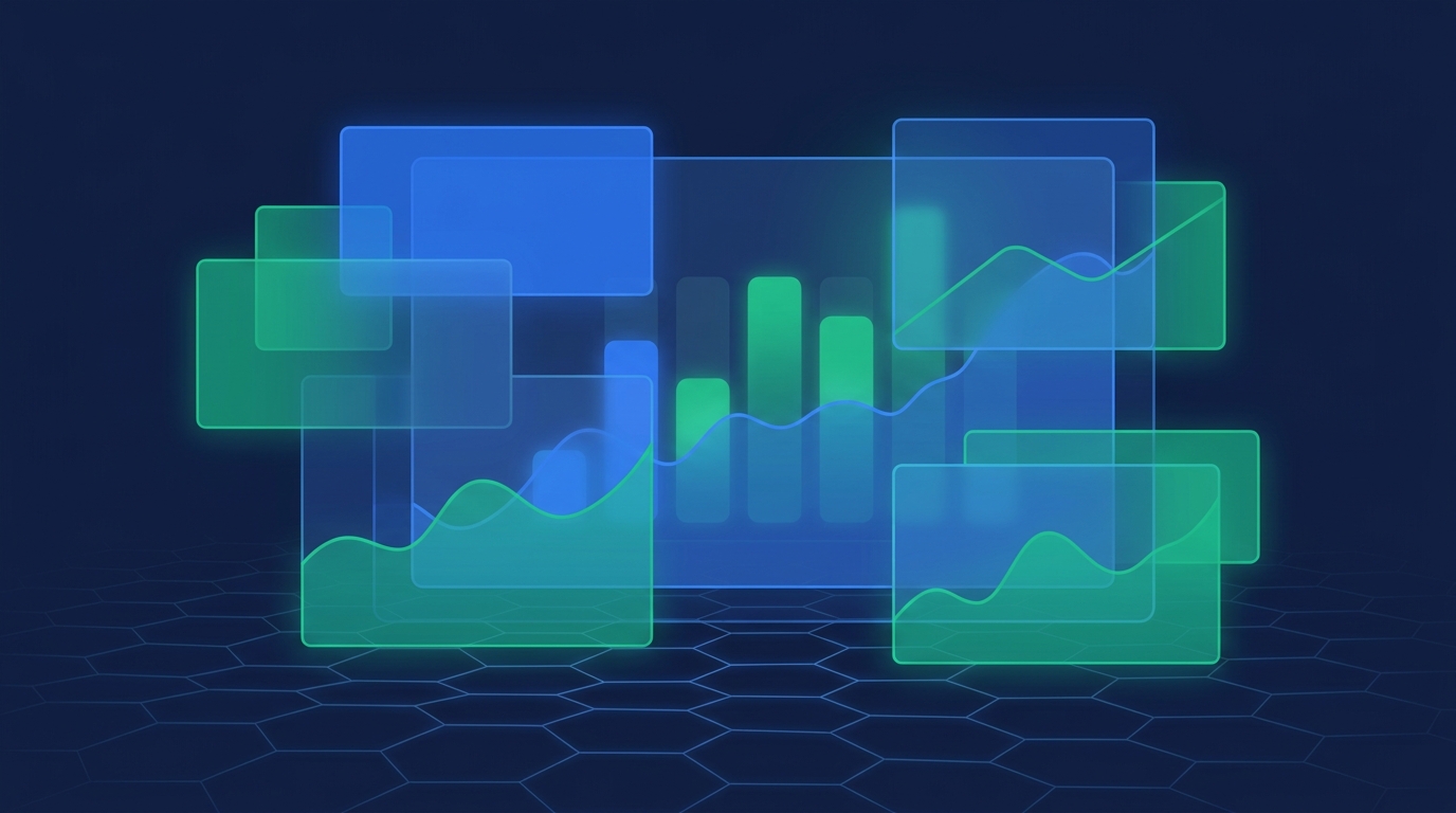 Abstract illustration of translucent glowing blue and green dashboard panels with bar and line chart shapes, representing spend monitoring and observability for AI gateway usage