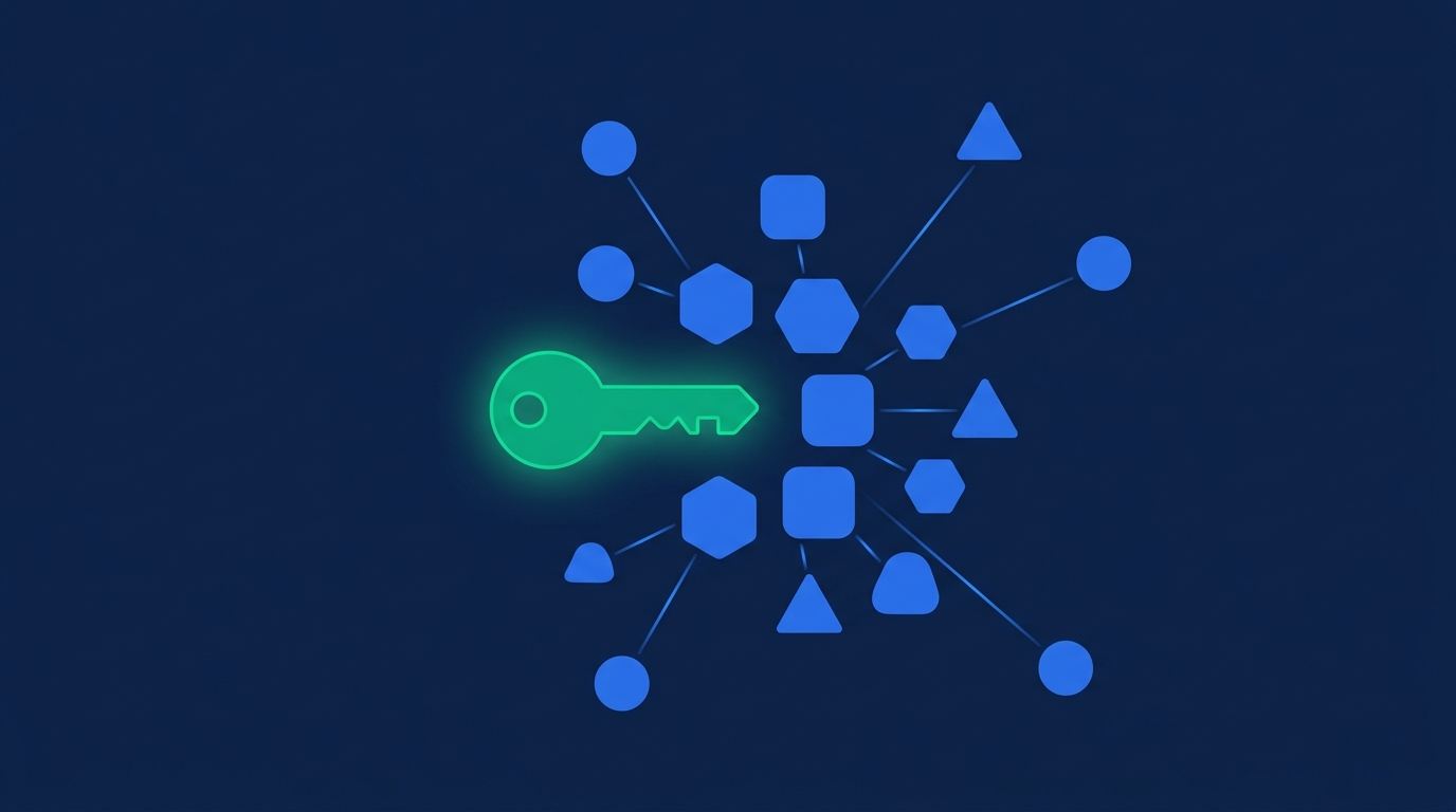 Illustration of a single glowing green key connected by light blue lines to a cluster of generic geometric shapes, representing one API key unlocking access to many AI models through a gateway