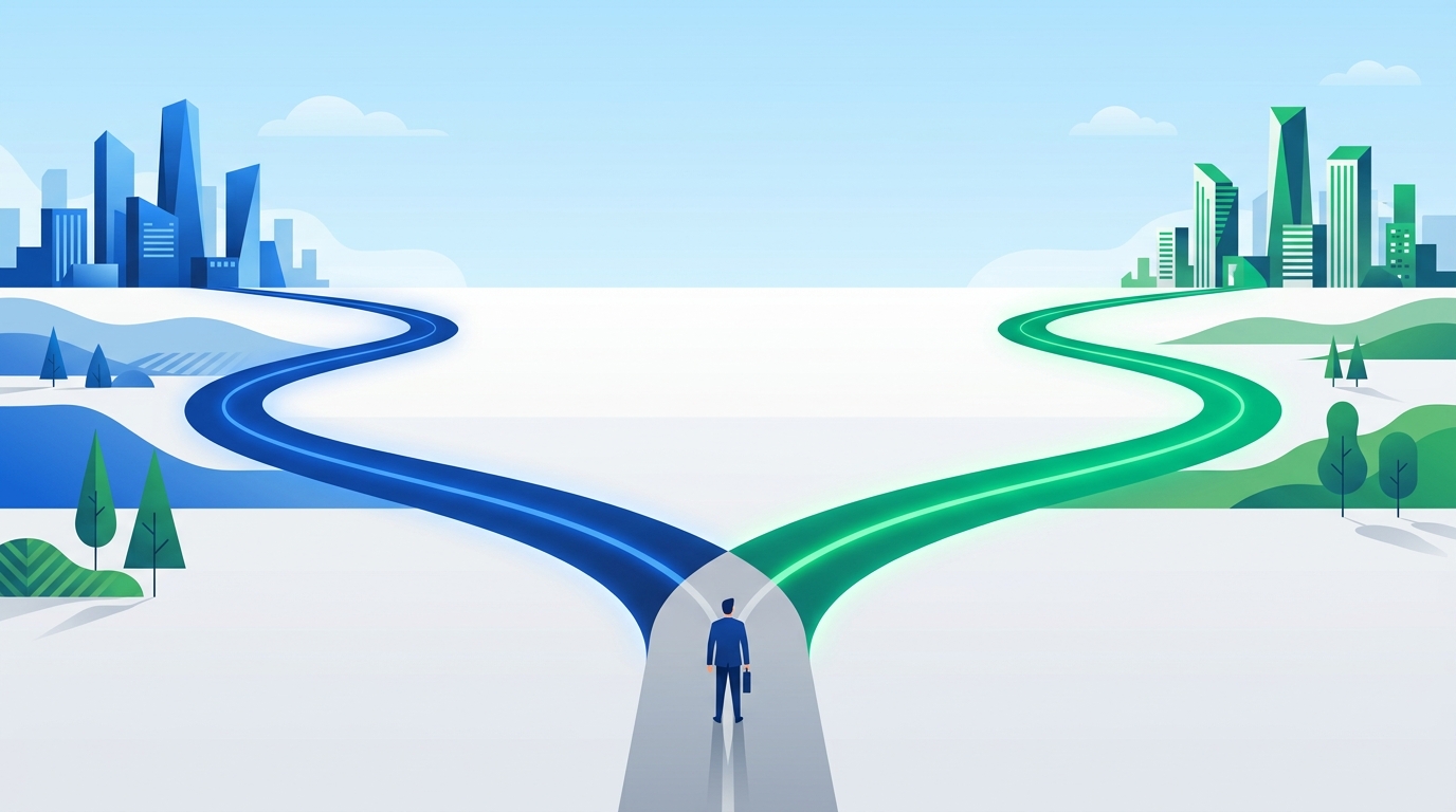 Illustration of a businessperson standing at a fork in the road, with one glowing blue path and one glowing green path leading toward two different city skylines, representing a business decision between two vendors.