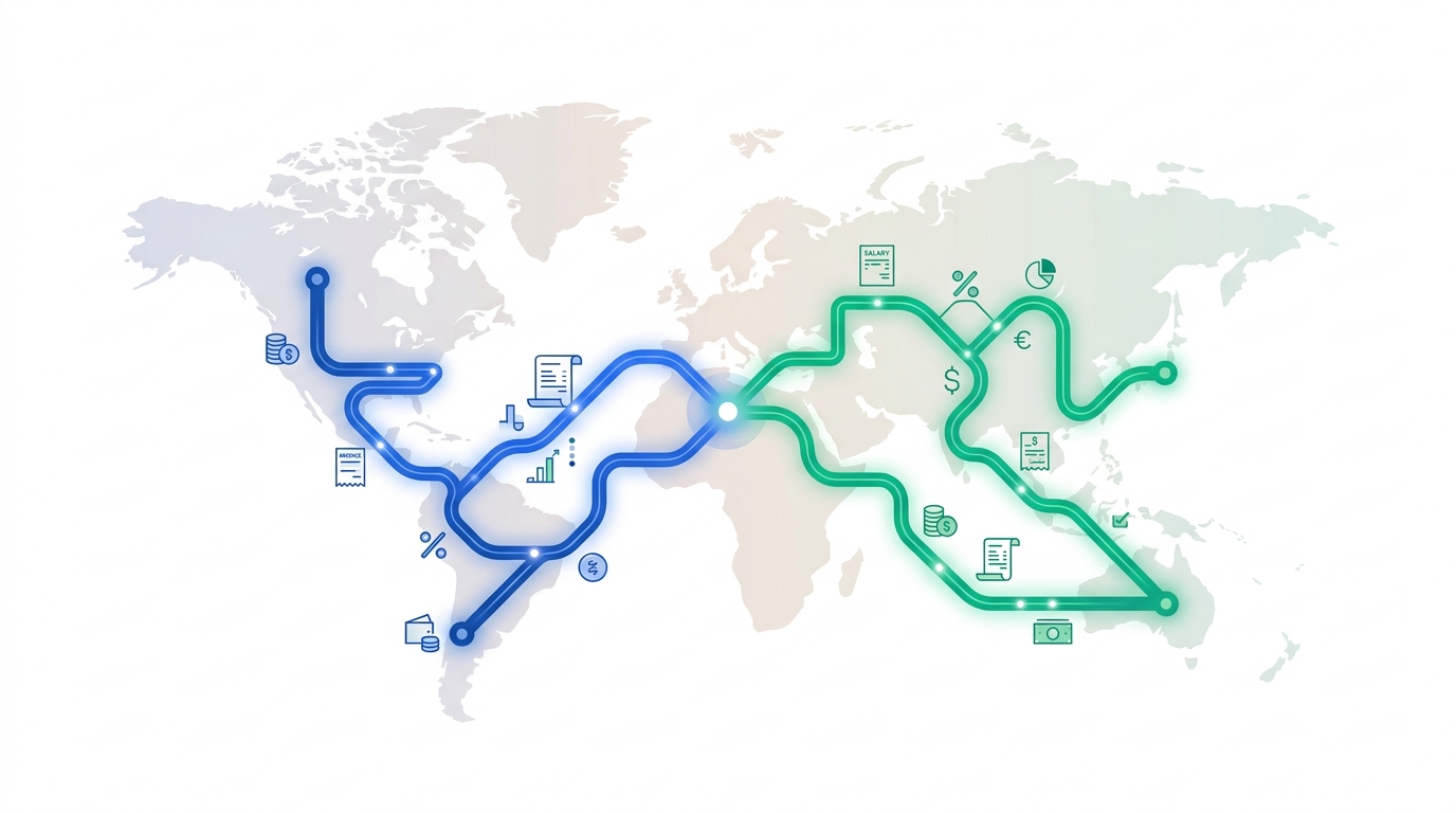 Stylized illustration of two glowing routes, one blue and one green, crossing a world map and converging at a central decision point, representing the choice between two global hiring platforms.