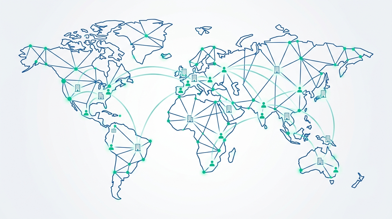 Illustration of a world map connected by a network of lines, dots, and small building icons representing a distributed global workforce spread across many countries.