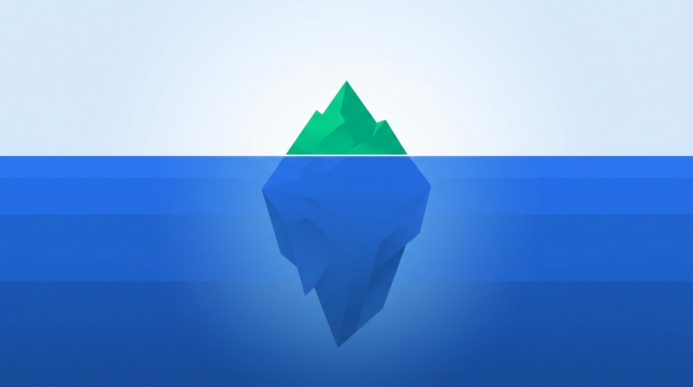 Illustration of an iceberg with a small green tip above the waterline representing the advertised platform fee, and a much larger blue mass below the waterline representing hidden employer taxes, FX spreads, and deposits.