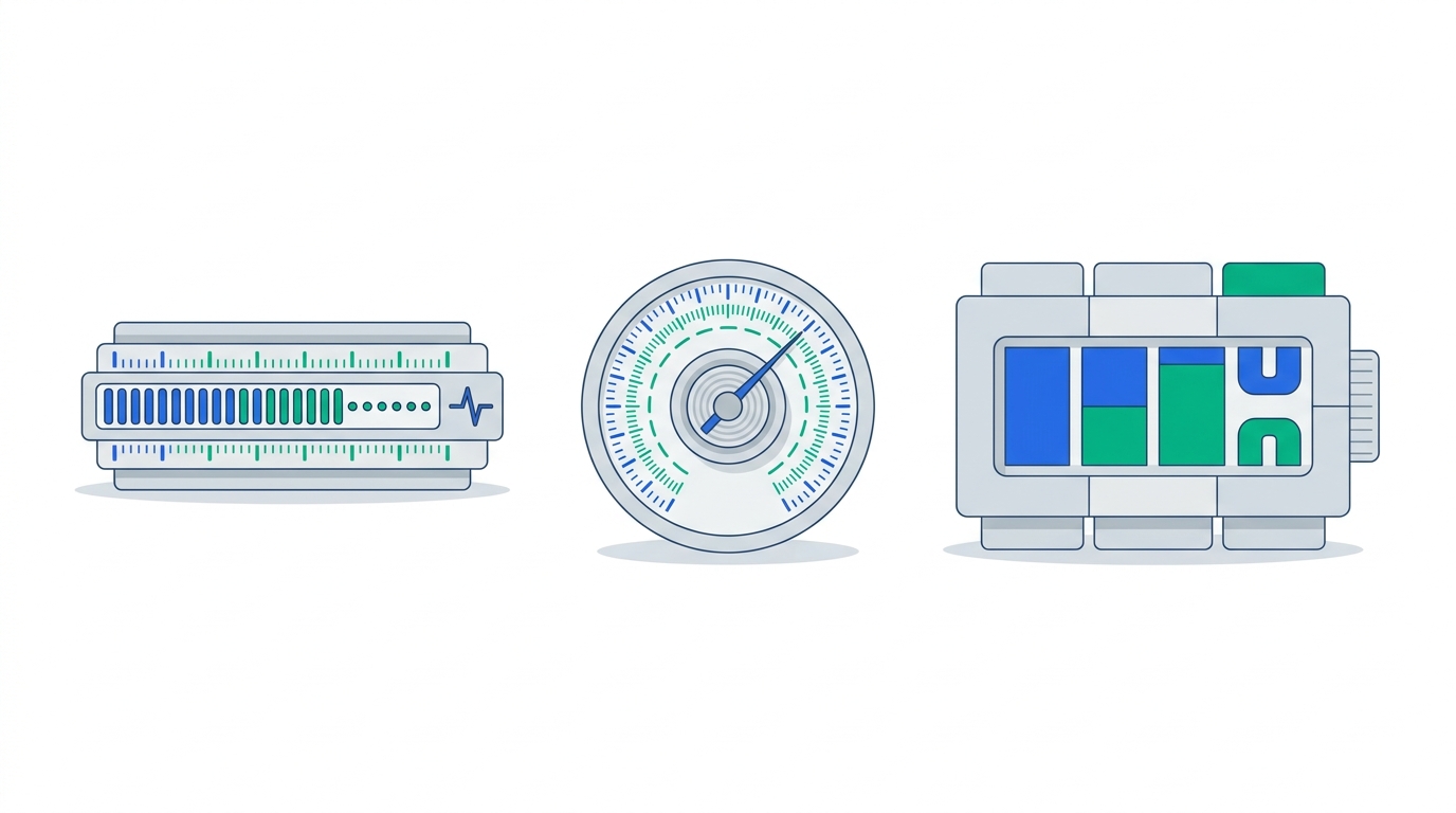 Abstract illustration of three different metering devices, each measuring a different unit — representing per-step, per-operation, and per-execution billing models.