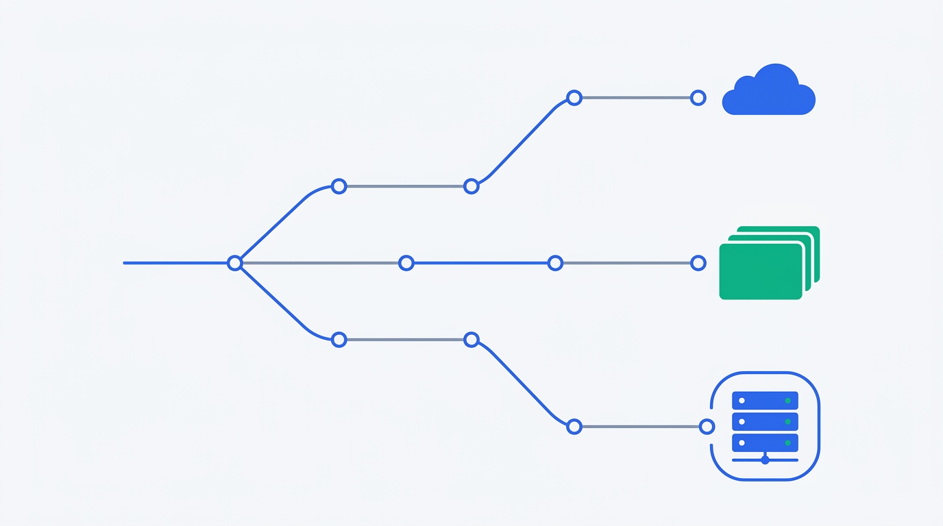 A single path splitting into three routes ending in a cloud shape, a layered card stack, and a rack server inside a protective boundary — representing the three platform choices.