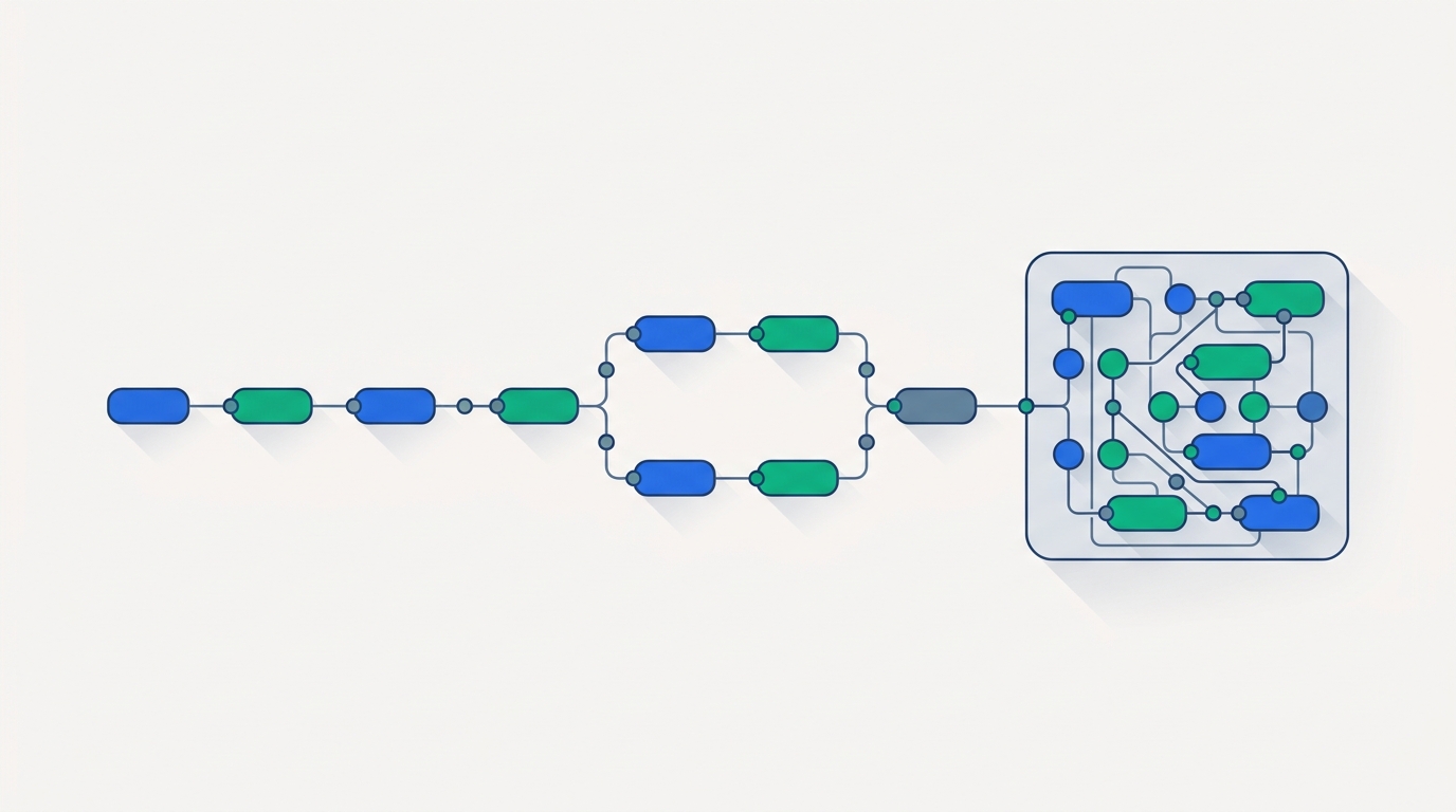 Three automation pipelines rendered as connected node chains — a simple linear chain, a branching multi-path chain, and a dense cluster inside a server boundary — representing Zapier, Make, and n8n.