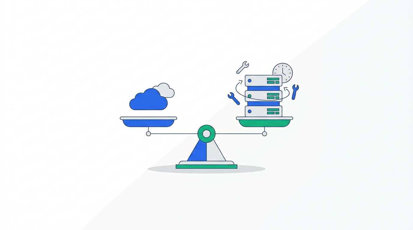 Balance-scale illustration weighing a lightweight cloud deployment against a stack of self-hosted servers surrounded by maintenance tool and clock icons.
